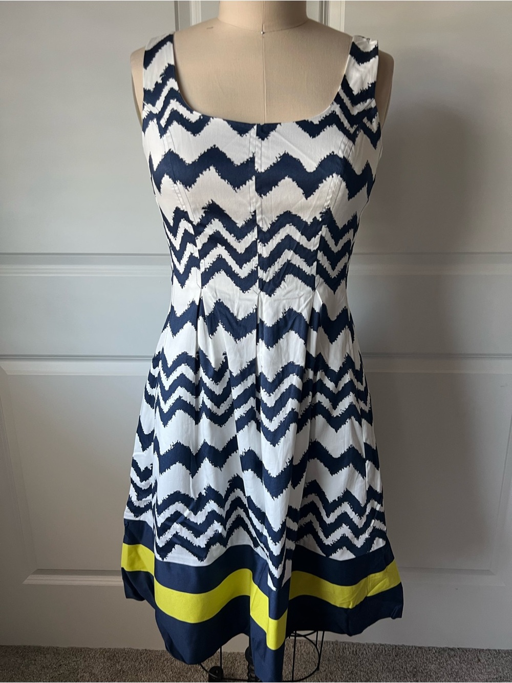Nine West Navy, White and Yellow Chevron Fit-and-Flare Dress